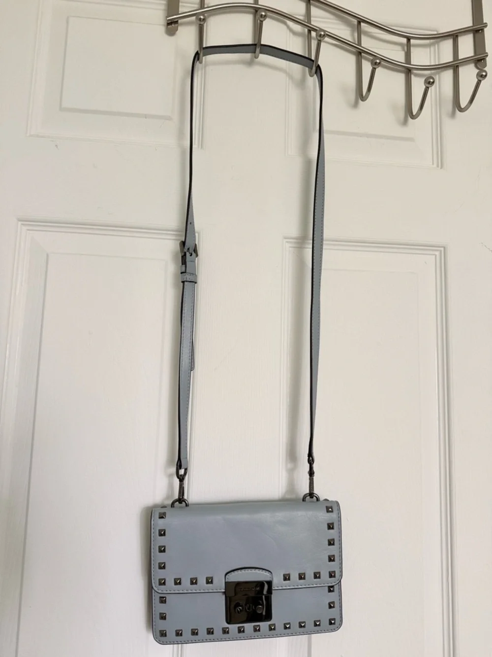 Michael Kors SLOAN Small Studded Leather Crossbody Bag Dusty Blue Gunmetal NWOT